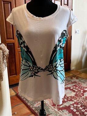 ADAM JACOBS White Cap Sleeve Top With Sequined Butterfly Print Size M
